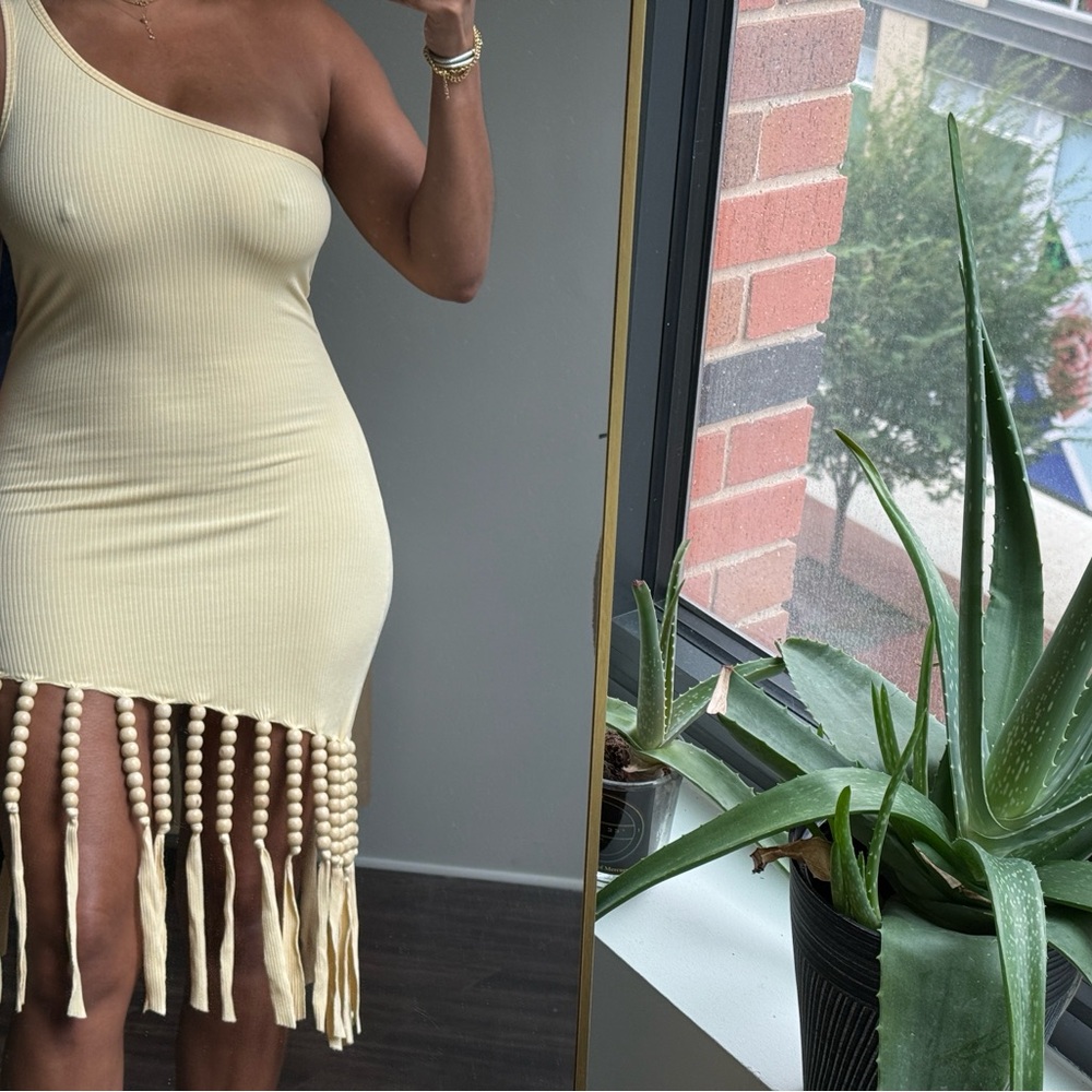 Simon Miller Cream Butter Yellow Jamo One-Shoulder Dress with Fringe XS